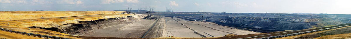 Panoramaaufnahme des Tagebaus Garzweiler im rheinischen Braunkohlerevier, Nordrhein-Westfalen, Deutschland